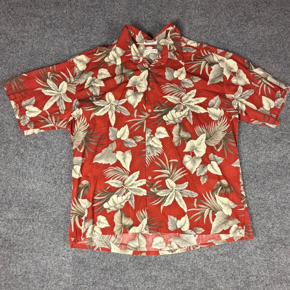 Pierre Cardin Men XXL Red Tropical Leaf Print Cotton Short Sleev Button Up Shirt